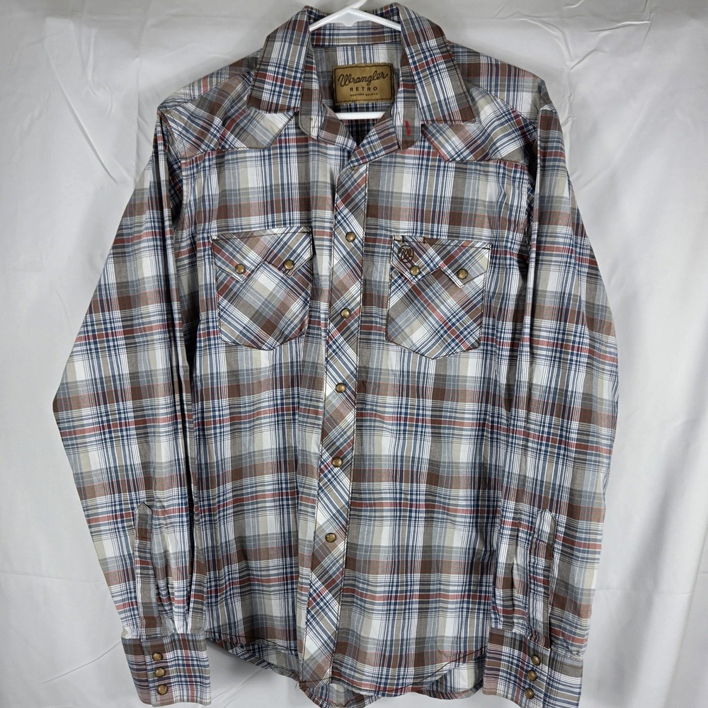 Wrangler Retro Mens Plaid Western Snap Button Down Shirt Blue Brown M